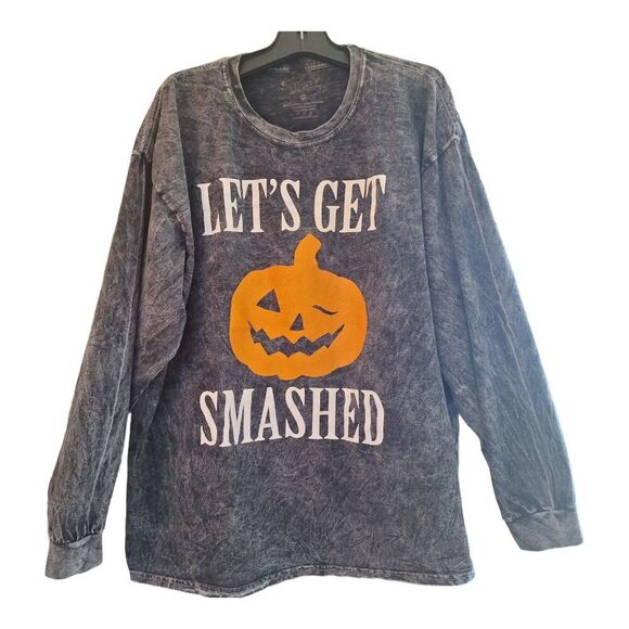 Halloween Let's Get Smashed Pumpkin Long Sleeve Tee Acid Wash Black XXL Unisex - Picture 2 of 11